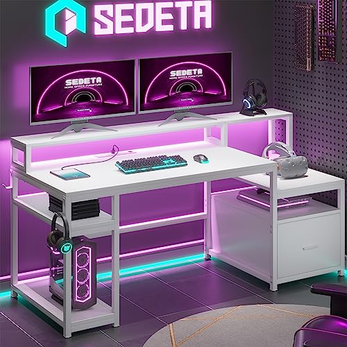 SEDETA White Computer Desk with File Drawer and Power Outlet, 66'' Home Office Desk with Drawer, Storage Shelves and Printer Shelf, Computer Table Study Writing Desk Workstation with Monitor Shelf