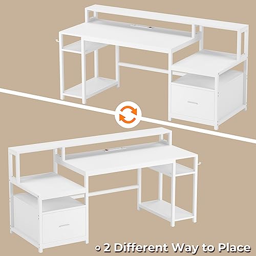 SEDETA White Computer Desk with File Drawer and Power Outlet, 66'' Home Office Desk with Drawer, Storage Shelves and Printer Shelf, Computer Table Study Writing Desk Workstation with Monitor Shelf