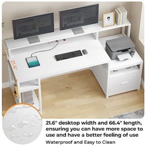 SEDETA White Computer Desk with File Drawer and Power Outlet, 66'' Home Office Desk with Drawer, Storage Shelves and Printer Shelf, Computer Table Study Writing Desk Workstation with Monitor Shelf