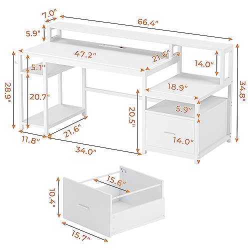 SEDETA White Computer Desk with File Drawer and Power Outlet, 66'' Home Office Desk with Drawer, Storage Shelves and Printer Shelf, Computer Table Study Writing Desk Workstation with Monitor Shelf