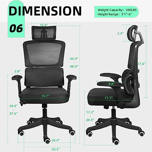 Modoway Ergonomic Office Chair Lumbar Support, High Back Office Chair with Adjustable Headrest and Arms, Mesh Computer Desk Chair Tilt Function, Swivel Task Chair 300lbs for Home Office Work, Black