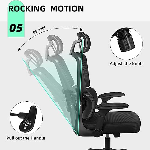 Modoway Ergonomic Office Chair Lumbar Support, High Back Office Chair with Adjustable Headrest and Arms, Mesh Computer Desk Chair Tilt Function, Swivel Task Chair 300lbs for Home Office Work, Black