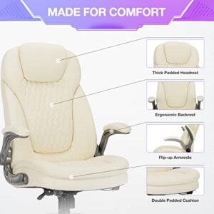 COLAMY High Back Office Chair, Ergonomic Executive Chair with Padded Flip-up Arms, Adjustable Tilt Lock, Computer Desk Chair Swivel Rolling Home Office Chair for Adult Working Study, Ivory