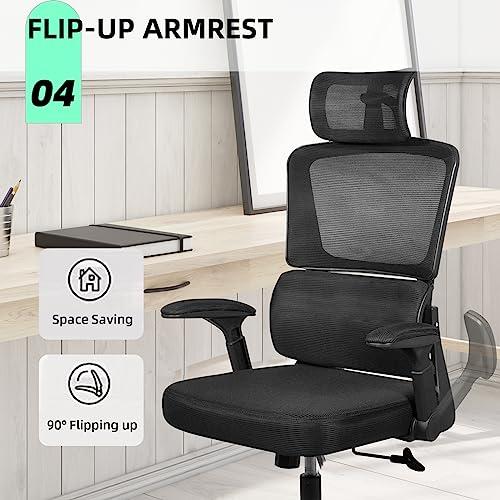 Modoway Ergonomic Office Chair Lumbar Support, High Back Office Chair with Adjustable Headrest and Arms, Mesh Computer Desk Chair Tilt Function, Swivel Task Chair 300lbs for Home Office Work, Black