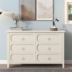 lvtfco 6-drawer dresser rubber wooden top dresser wide bedroom dresser and silver metal handles, chest of drawers for bedroom, hallway, nursery, entryway, 53" l x 1 6.9" w x 32.1" h (6 drawers)