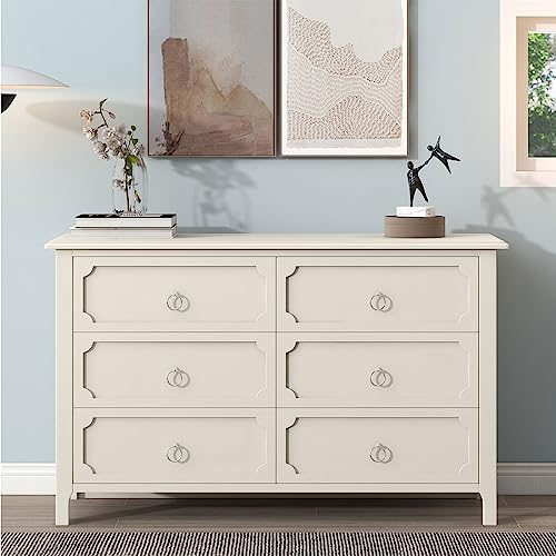 LVTFCO 6-Drawer Dresser Rubber Wooden Top Dresser Wide Bedroom Dresser and Silver Metal Handles, Chest of Drawers for Bedroom, Hallway, Nursery, Entryway, 53" L x 1 6.9" W x 32.1" H (6 Drawers)