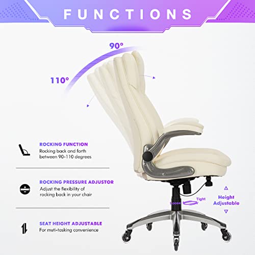 COLAMY High Back Office Chair, Ergonomic Executive Chair with Padded Flip-up Arms, Adjustable Tilt Lock, Computer Desk Chair Swivel Rolling Home Office Chair for Adult Working Study, Ivory