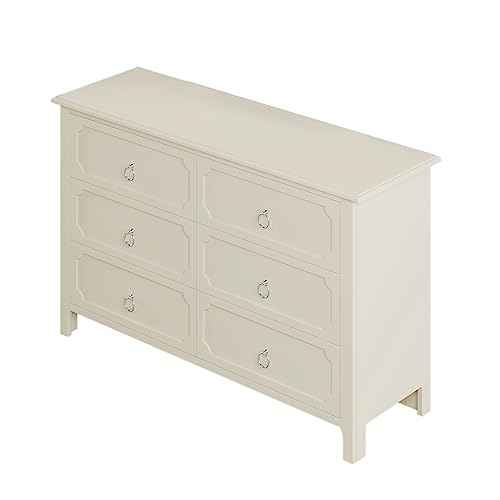 LVTFCO 6-Drawer Dresser Rubber Wooden Top Dresser Wide Bedroom Dresser and Silver Metal Handles, Chest of Drawers for Bedroom, Hallway, Nursery, Entryway, 53" L x 1 6.9" W x 32.1" H (6 Drawers)