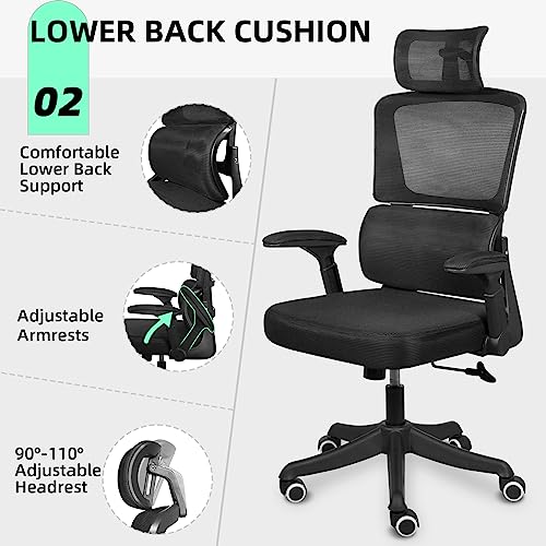 Modoway Ergonomic Office Chair Lumbar Support, High Back Office Chair with Adjustable Headrest and Arms, Mesh Computer Desk Chair Tilt Function, Swivel Task Chair 300lbs for Home Office Work, Black