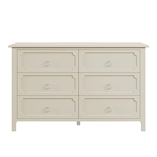 LVTFCO 6-Drawer Dresser Rubber Wooden Top Dresser Wide Bedroom Dresser and Silver Metal Handles, Chest of Drawers for Bedroom, Hallway, Nursery, Entryway, 53" L x 1 6.9" W x 32.1" H (6 Drawers)