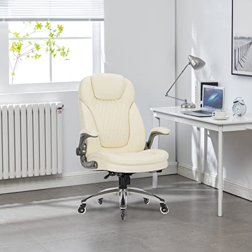 COLAMY High Back Office Chair, Ergonomic Executive Chair with Padded Flip-up Arms, Adjustable Tilt Lock, Computer Desk Chair Swivel Rolling Home Office Chair for Adult Working Study, Ivory