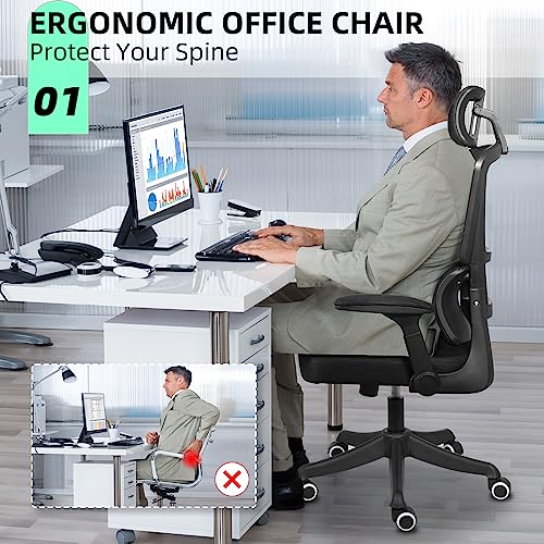 Modoway Ergonomic Office Chair Lumbar Support, High Back Office Chair with Adjustable Headrest and Arms, Mesh Computer Desk Chair Tilt Function, Swivel Task Chair 300lbs for Home Office Work, Black