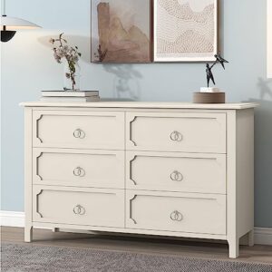 LVTFCO 6-Drawer Dresser Rubber Wooden Top Dresser Wide Bedroom Dresser and Silver Metal Handles, Chest of Drawers for Bedroom, Hallway, Nursery, Entryway, 53" L x 1 6.9" W x 32.1" H (6 Drawers)