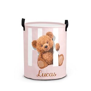 meet pink teddy bear personalized freestanding laundry basket clothes hamper waterproof,custom laundry collapsible storage bins toys baskets with handle for bedroom bathroom