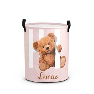 Meet Pink Teddy Bear Personalized Freestanding Laundry Basket Clothes Hamper Waterproof,Custom Laundry Collapsible Storage Bins Toys Baskets with Handle for Bedroom Bathroom