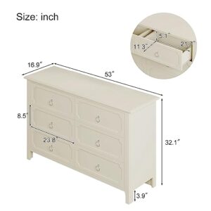 LVTFCO 6-Drawer Dresser Rubber Wooden Top Dresser Wide Bedroom Dresser and Silver Metal Handles, Chest of Drawers for Bedroom, Hallway, Nursery, Entryway, 53" L x 1 6.9" W x 32.1" H (6 Drawers)