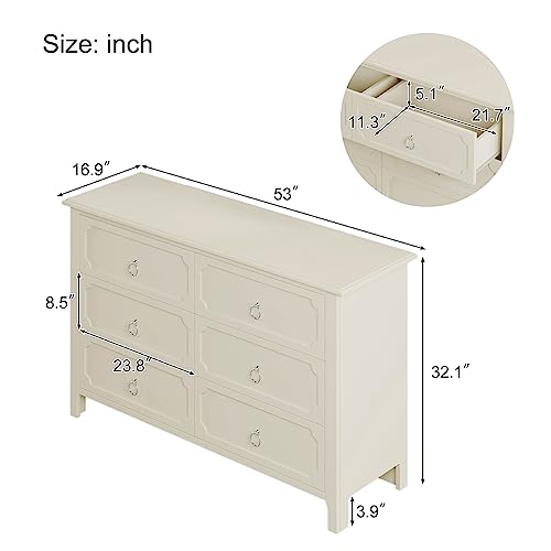 LVTFCO 6-Drawer Dresser Rubber Wooden Top Dresser Wide Bedroom Dresser and Silver Metal Handles, Chest of Drawers for Bedroom, Hallway, Nursery, Entryway, 53" L x 1 6.9" W x 32.1" H (6 Drawers)