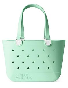 simple modern beach bag rubber tote | waterproof large tote bag with zipper pocket for beach, pool boat, groceries, sports | getaway bag collection | retro mint