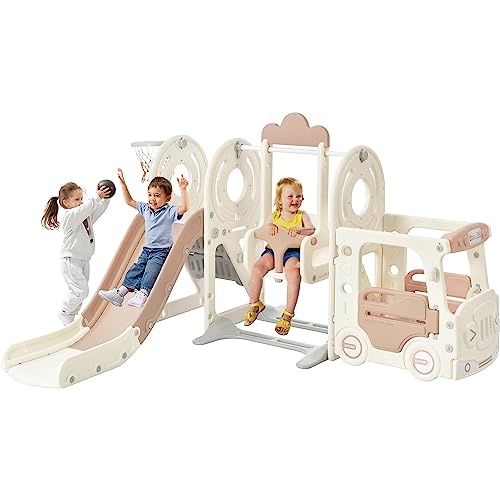 Tensun 5 in 1 Toddler Slide and Swing Set, Bus Playhouse Freestanding Slide Playset with Basketball Hoop for Indoor Outdoor Backyard Playground, Beige+Pink