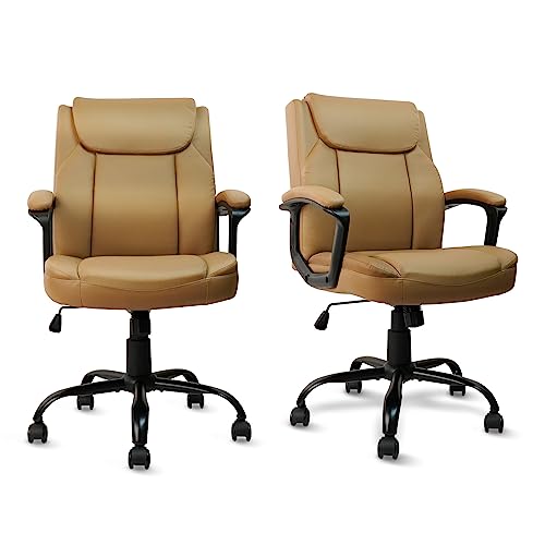 CLATINA Brown Office Chair Computer Chair PU Leather Executive Office Chair Swivel Adjustable Height Chair with Upholstery Fixed armrest Mid-Back Leather Thick Cushion Office Chair Brown 2Pack