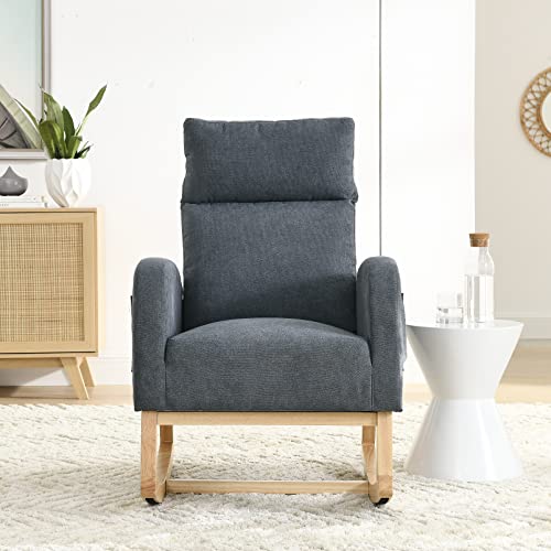Modern Accent High Back Living Room Lounge Arm Rocking Chair, Upholstered Glider Rocking Chair For Baby And Kids, Comfortable Armchair With Side Pockets For Baby Room/Living Room/Bedroom (Black)