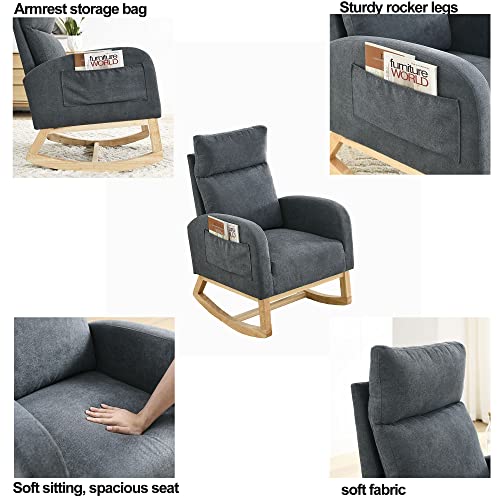 Modern Accent High Back Living Room Lounge Arm Rocking Chair, Upholstered Glider Rocking Chair For Baby And Kids, Comfortable Armchair With Side Pockets For Baby Room/Living Room/Bedroom (Black)