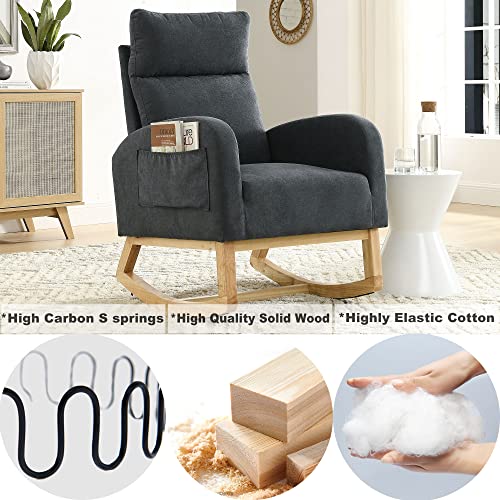Modern Accent High Back Living Room Lounge Arm Rocking Chair, Upholstered Glider Rocking Chair For Baby And Kids, Comfortable Armchair With Side Pockets For Baby Room/Living Room/Bedroom (Black)