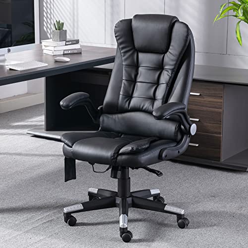 Ergonomic Executive Office Chair, Massage Office Chair with Heated, High Back Leather Desk Chair with Lumbar Support and Flip-up Armrest, Comfortable Home Office Desk Chairs