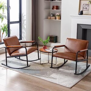 duomay modern accent rocking chair set of 2, mid century upholstered glider rocker armchair with metal base pu leather nursery glider chair with wooden grips for living room bedroom, brown