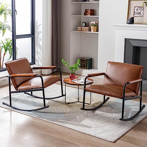 DUOMAY Modern Accent Rocking Chair Set of 2, Mid Century Upholstered Glider Rocker Armchair with Metal Base PU Leather Nursery Glider Chair with Wooden Grips for Living Room Bedroom, Brown