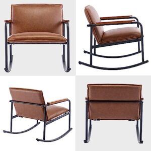 DUOMAY Modern Accent Rocking Chair Set of 2, Mid Century Upholstered Glider Rocker Armchair with Metal Base PU Leather Nursery Glider Chair with Wooden Grips for Living Room Bedroom, Brown