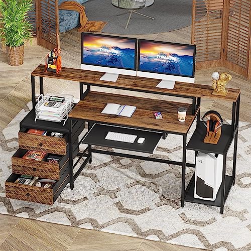 Tribesigns Computer Desk with 3 Drawers, 63 inch Home Office Desk with Monitor Shelf, Industrial Reversible Long PC Gaming Desk with Keyboard Tray, Study Writing Table Workstation, Vintage Brown