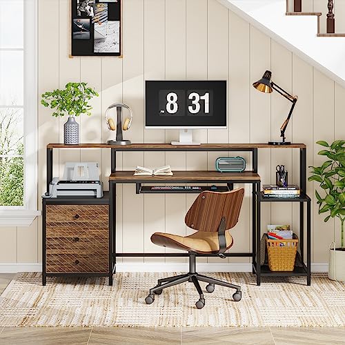 Tribesigns Computer Desk with 3 Drawers, 63 inch Home Office Desk with Monitor Shelf, Industrial Reversible Long PC Gaming Desk with Keyboard Tray, Study Writing Table Workstation, Vintage Brown