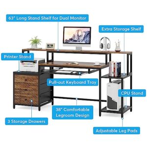 Tribesigns Computer Desk with 3 Drawers, 63 inch Home Office Desk with Monitor Shelf, Industrial Reversible Long PC Gaming Desk with Keyboard Tray, Study Writing Table Workstation, Vintage Brown