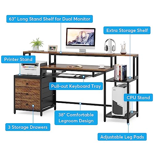 Tribesigns Computer Desk with 3 Drawers, 63 inch Home Office Desk with Monitor Shelf, Industrial Reversible Long PC Gaming Desk with Keyboard Tray, Study Writing Table Workstation, Vintage Brown