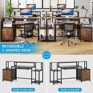 Tribesigns Computer Desk with 3 Drawers, 63 inch Home Office Desk with Monitor Shelf, Industrial Reversible Long PC Gaming Desk with Keyboard Tray, Study Writing Table Workstation, Vintage Brown