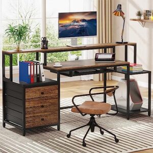 Tribesigns Computer Desk with 3 Drawers, 63 inch Home Office Desk with Monitor Shelf, Industrial Reversible Long PC Gaming Desk with Keyboard Tray, Study Writing Table Workstation, Vintage Brown