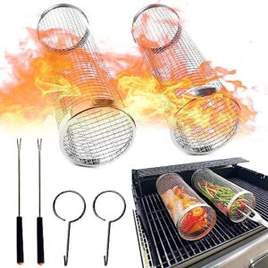 zhmzhm roller grill basket-round stainless steel bbq grill mesh，outdoor round bbq grill grid for chips fish shrimp,versatile round grill cooking accessories (2pcs-b)