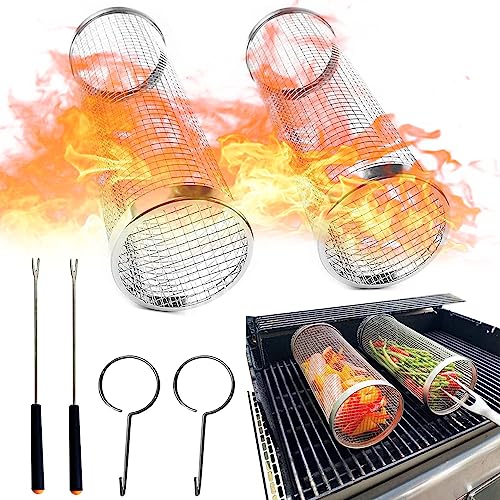 ZHMZHM Roller Grill Basket-Round Stainless Steel BBQ Grill Mesh，Outdoor Round BBQ Grill Grid for Chips Fish Shrimp,Versatile Round Grill Cooking Accessories (2PCS-B)