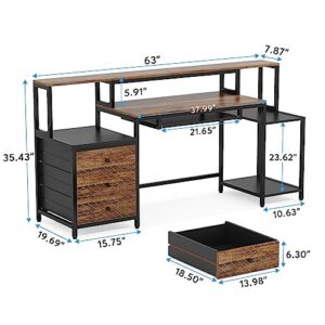 Tribesigns Computer Desk with 3 Drawers, 63 inch Home Office Desk with Monitor Shelf, Industrial Reversible Long PC Gaming Desk with Keyboard Tray, Study Writing Table Workstation, Vintage Brown