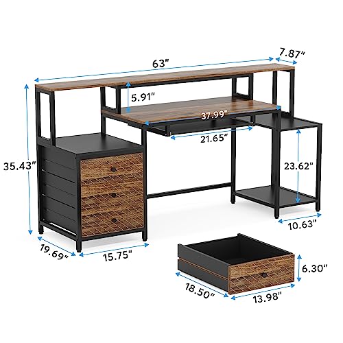 Tribesigns Computer Desk with 3 Drawers, 63 inch Home Office Desk with Monitor Shelf, Industrial Reversible Long PC Gaming Desk with Keyboard Tray, Study Writing Table Workstation, Vintage Brown