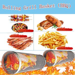 ZHMZHM Roller Grill Basket-Round Stainless Steel BBQ Grill Mesh，Outdoor Round BBQ Grill Grid for Chips Fish Shrimp,Versatile Round Grill Cooking Accessories (2PCS-B)