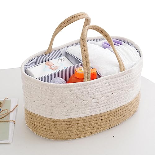 Baby Storage Basket, Durable Infant Diaper Organizer with Cotton Woven Rope, Nursery Storage Basket with Changeable Compartments & Holder, Multifunctional Baby Storage Bag for Home & Traveling