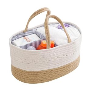 Baby Storage Basket, Durable Infant Diaper Organizer with Cotton Woven Rope, Nursery Storage Basket with Changeable Compartments & Holder, Multifunctional Baby Storage Bag for Home & Traveling