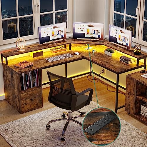 YITAHOME L Shaped Desk with Power Outlets & LED Lights, 67 Inch Large Computer Desk with File Drawer, Corner Desk Home Office Desk with Monitor Stand & 3 Cubbies Storage Shelves, Rustic Brown