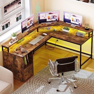 YITAHOME L Shaped Desk with Power Outlets & LED Lights, 67 Inch Large Computer Desk with File Drawer, Corner Desk Home Office Desk with Monitor Stand & 3 Cubbies Storage Shelves, Rustic Brown