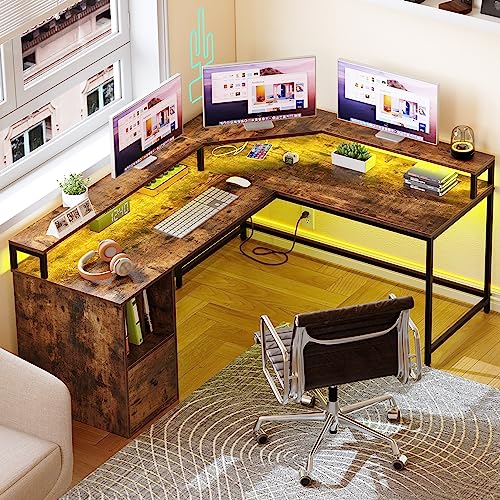 YITAHOME L Shaped Desk with Power Outlets & LED Lights, 67 Inch Large Computer Desk with File Drawer, Corner Desk Home Office Desk with Monitor Stand & 3 Cubbies Storage Shelves, Rustic Brown