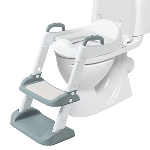 MorTime Potty Training Seat with Step Stool Ladder, Adjustable Height Potty Training Toilet with Non-Slip Soft Pad and Safe Handles, Collapsible Toddler Toilet for Toddler