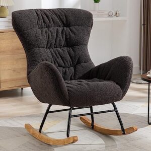 nioiikit nursery rocking chair, teddy upholstered glider rocker, rocking accent chair with high backrest, comfy rocking accent armchair for living room, bedroom, offices (dark grey teddy)