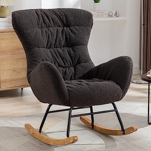 NIOIIKIT Nursery Rocking Chair, Teddy Upholstered Glider Rocker, Rocking Accent Chair with High Backrest, Comfy Rocking Accent Armchair for Living Room, Bedroom, Offices (Dark Grey Teddy)